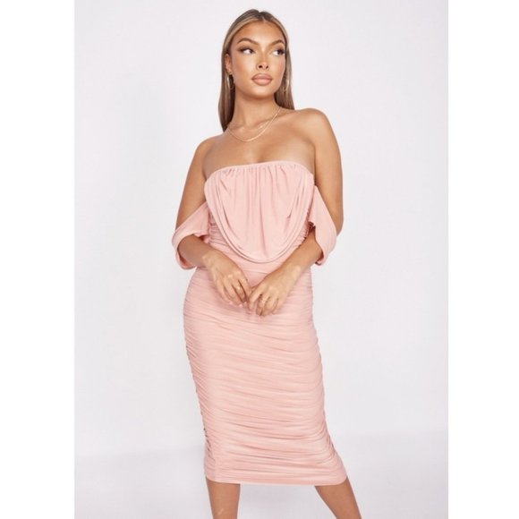 Dresses & Skirts - Pink Short Sleeve Off Shoulder Ruched Bodycon Midi Dress